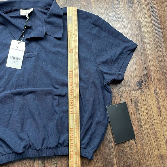 NEW Tuckernuck Top Women's L Navy Blue Polo Shirt Elastic Waist Short Sleeves - Picture 7 of 7